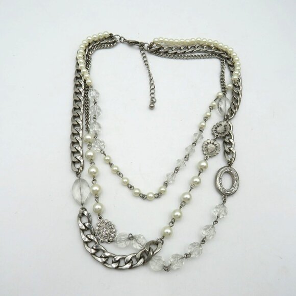 Layered Necklace 22" Silver Tone Chain Imitation Pearls Lucite Beads Multi Layer - Picture 13 of 13